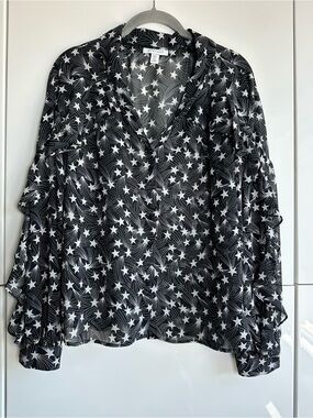 Topshop Sheer Star Blouse Black White Size 4 Ruffle Collared Stars Night Sky